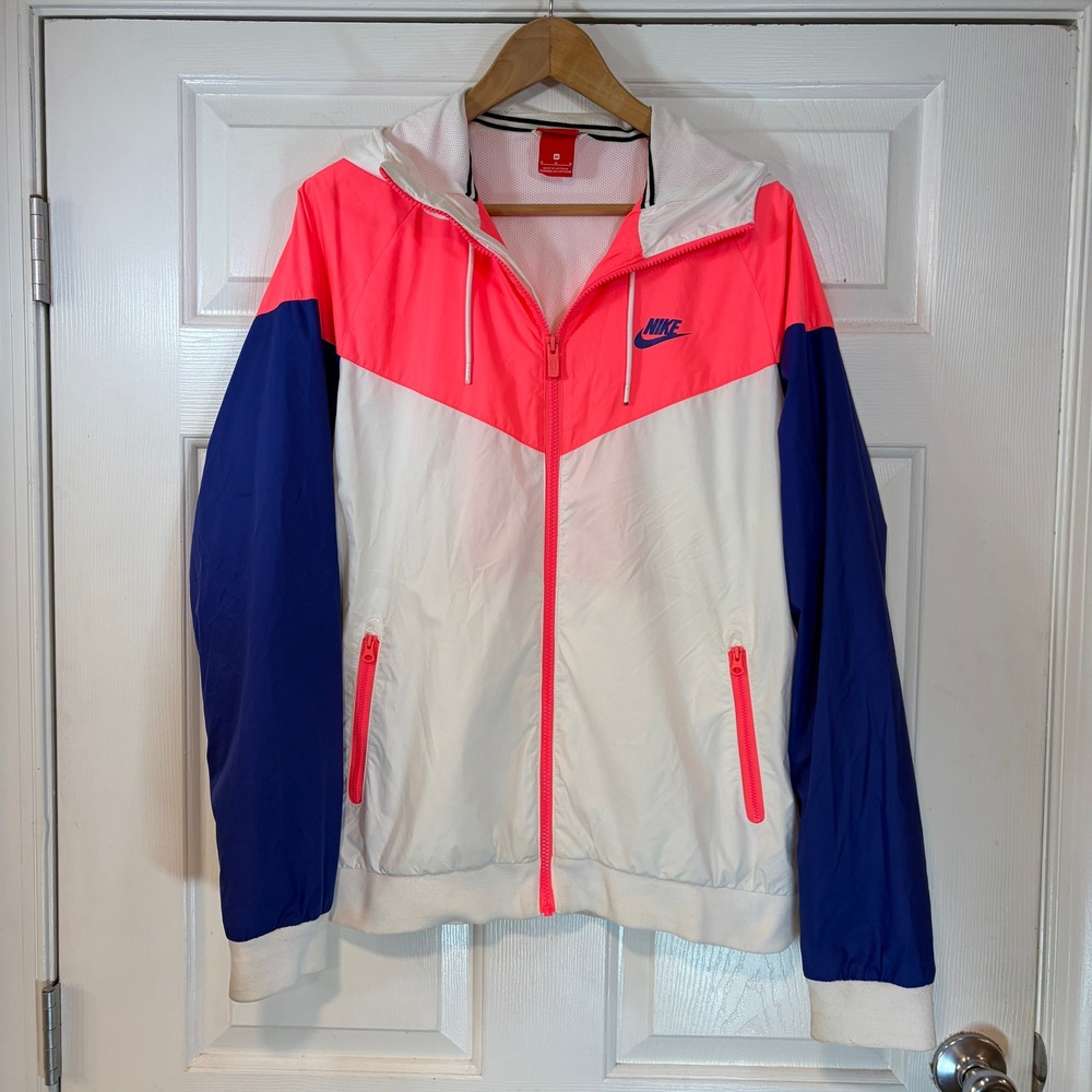 Nike Womens Windrunner Colorblock‎ Hooded Jacket White Pink Blue 727324-104 M